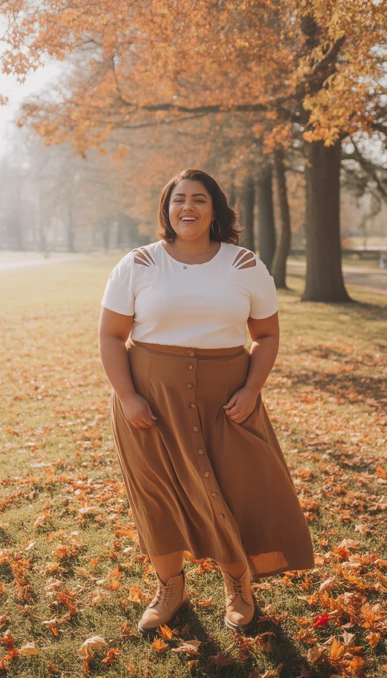 Graphic Tees and A-Line Skirts A beautiful 26-year-old plus size woman in a white graphic tee with cutout details, a brown button-front a-line skirt, and tan boots, standing in a sun-drenched park during autumn.