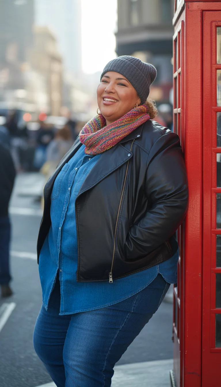 City Streets Denim Duo A beautiful 42-year-old plus size woman in a black leather jacket, a blue denim shirt, blue jeans, a colorful knit scarf, and a grey beanie, standing on a bustling city street corner.