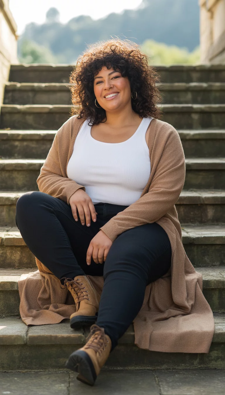 Camel Cardigans and Lace Up Boots A beautiful 33-year-old plus size woman with dark curly hair in a white tank top, a camel-colored long cardigan, black skinny jeans, and brown lace-up boots, sitting on outdoor stone stairs.