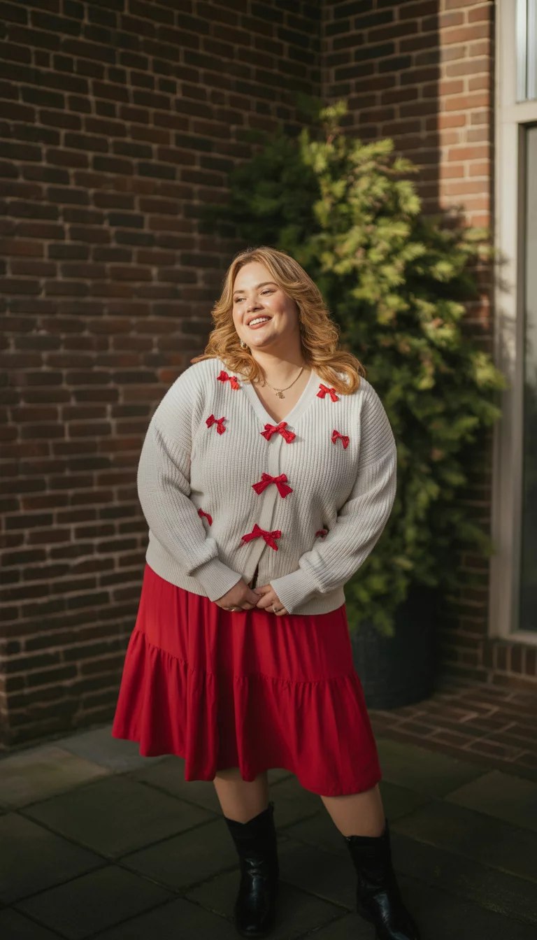 Whimsical Bows and Ruffles A beautiful 28-year-old plus size woman in a white cardigan adorned with red bows, a red ruffled skirt, and black boots, posing outdoors against a rustic brick wall and a green potted plant during a crisp autumn afternoon.
