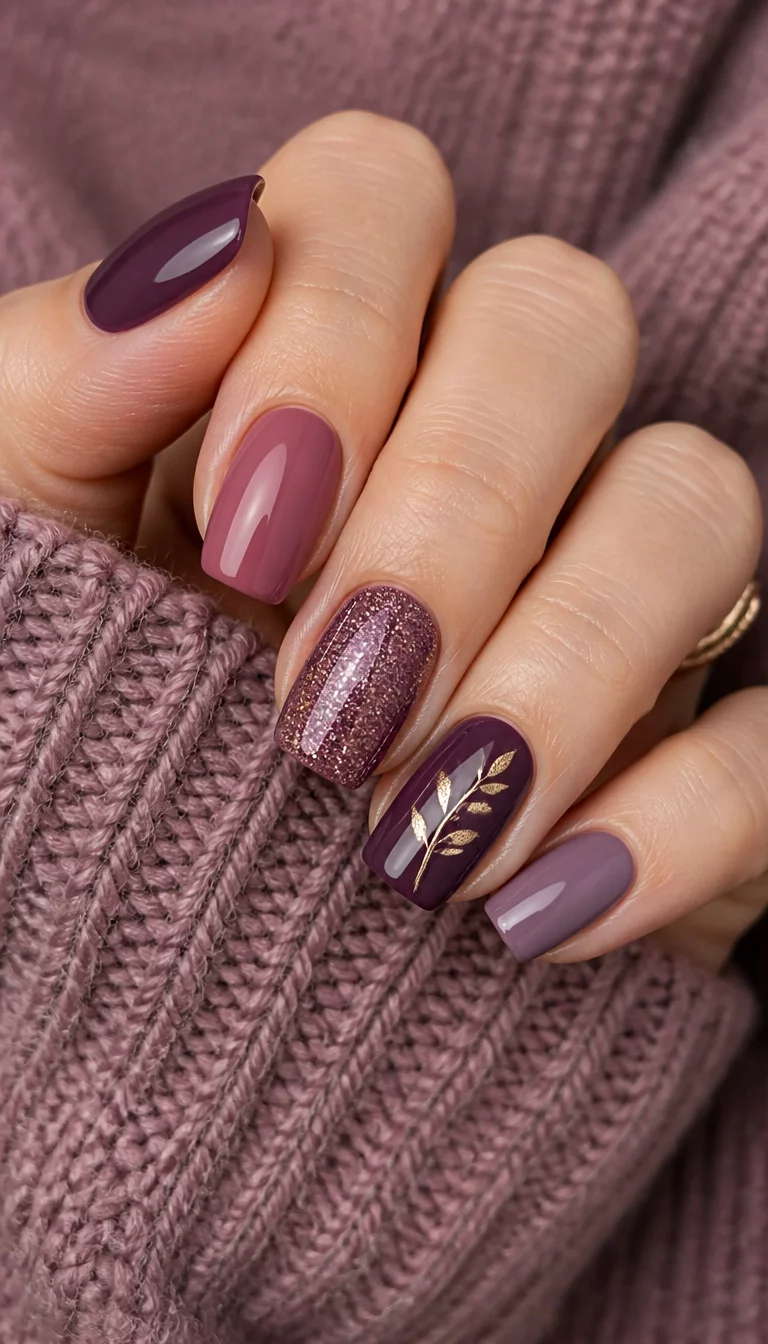 close-up shot of a woman’s hand with five fingers showing oval and squoval nails in deep plum, mauve, and glittery purple, with one accent nail featuring a gold leaf design, against a mauve knit sweater.
