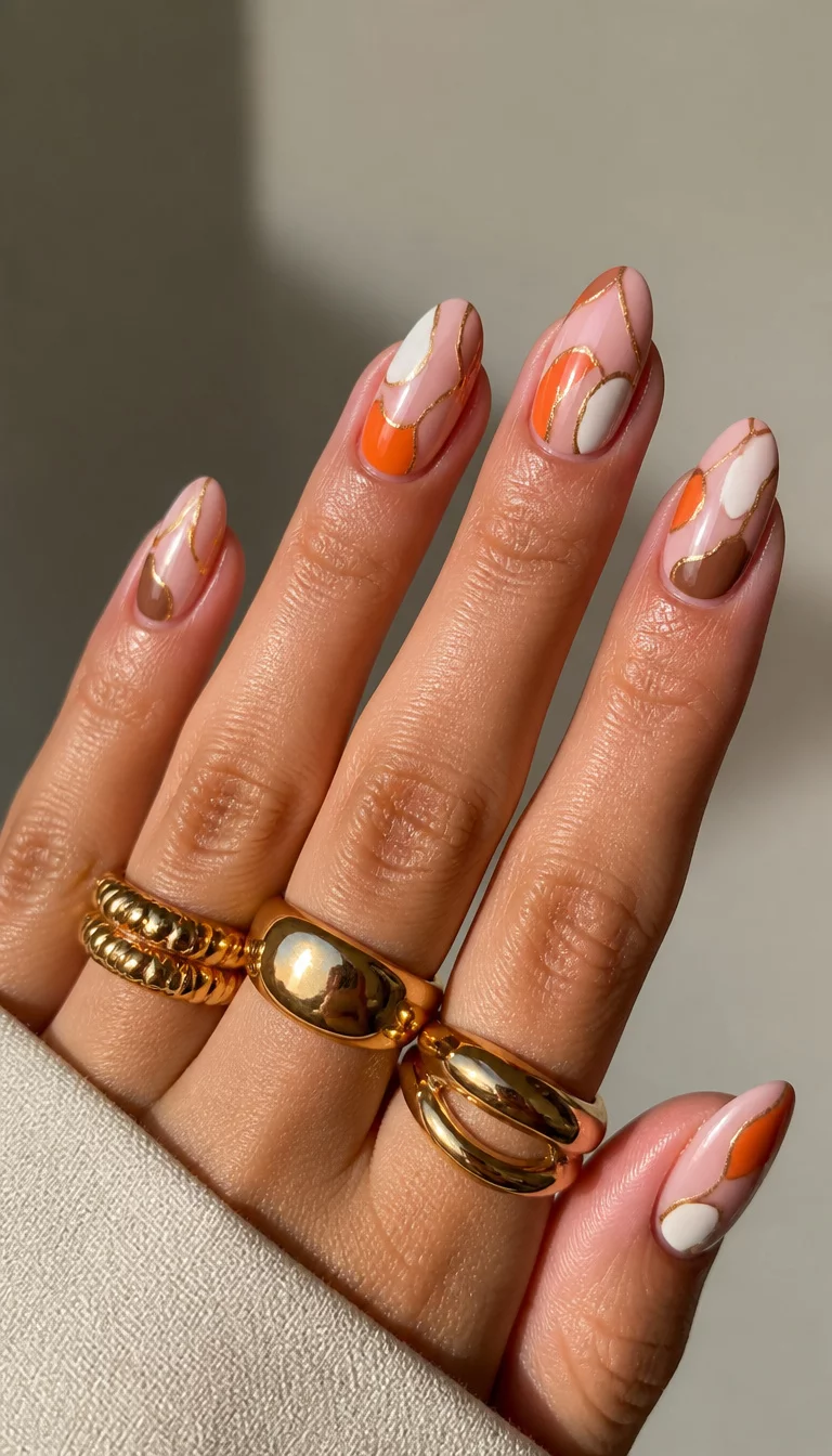 close-up shot of a woman’s hand with five fingers showing almond-shaped nails with a light pink base and abstract designs featuring orange, white, and brown organic shapes resembling pebbles, with bold gold rings on the fingers.