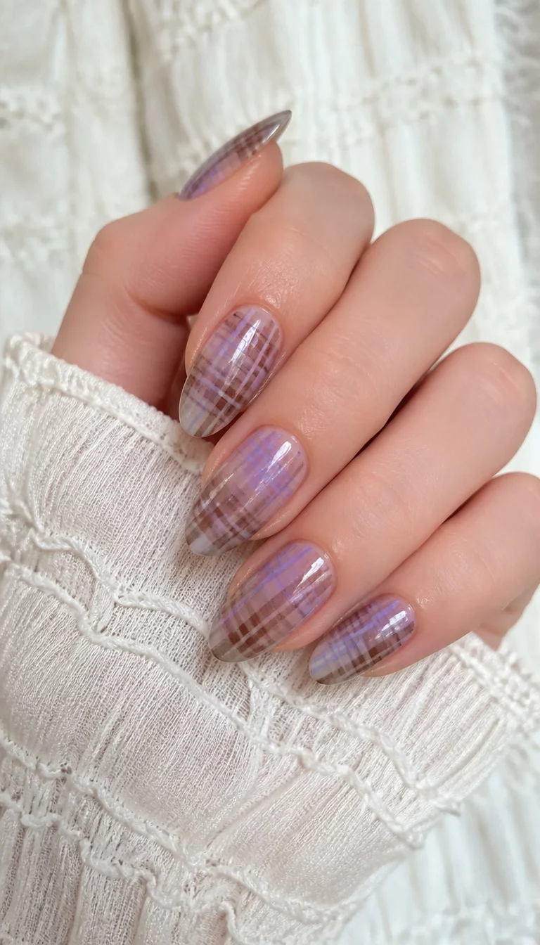close-up shot of a woman’s hand with five fingers showing translucent long oval nails with a subtle plaid pattern in purple, grey, and brown, layered over a white textured garment.