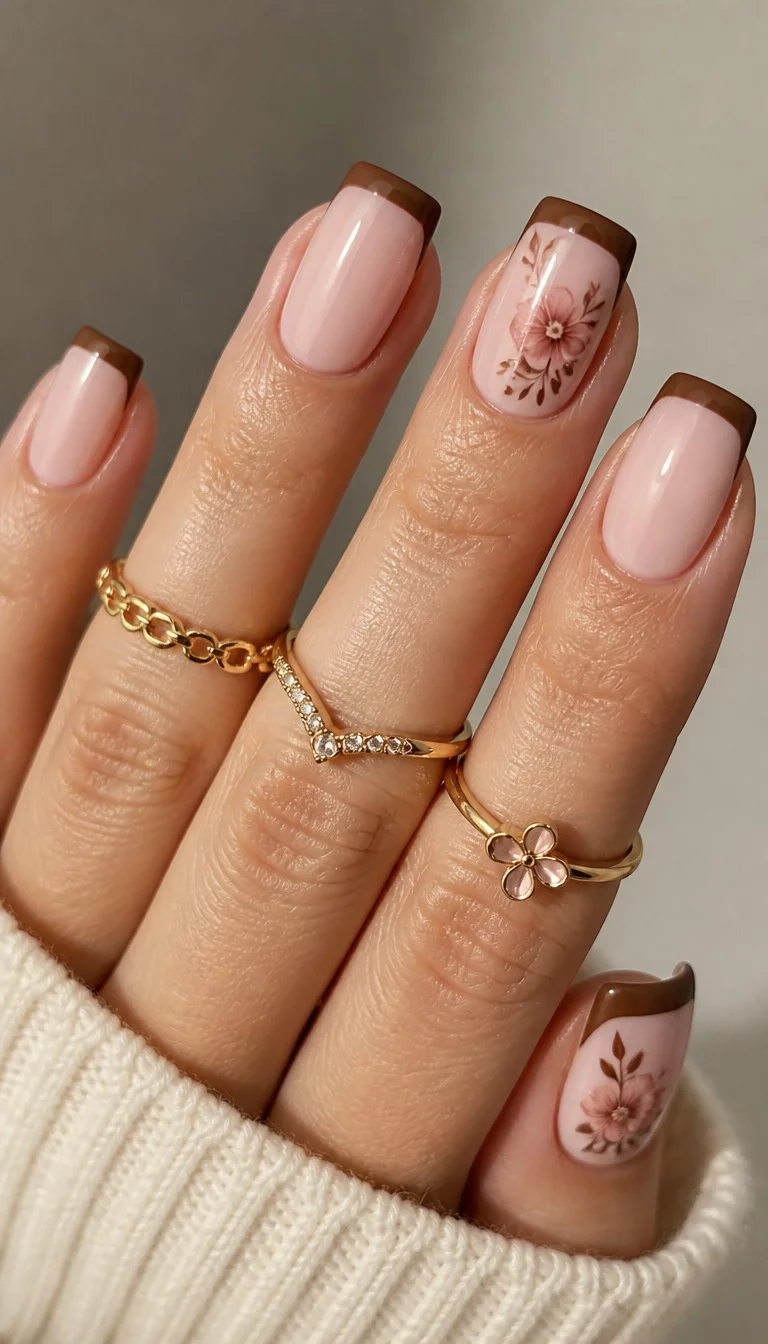 close-up shot of a woman’s hand with five fingers showing square-shaped nails with a light pink base and a medium brown French tip, featuring delicate brown and pink floral designs on accent nails and gold rings.