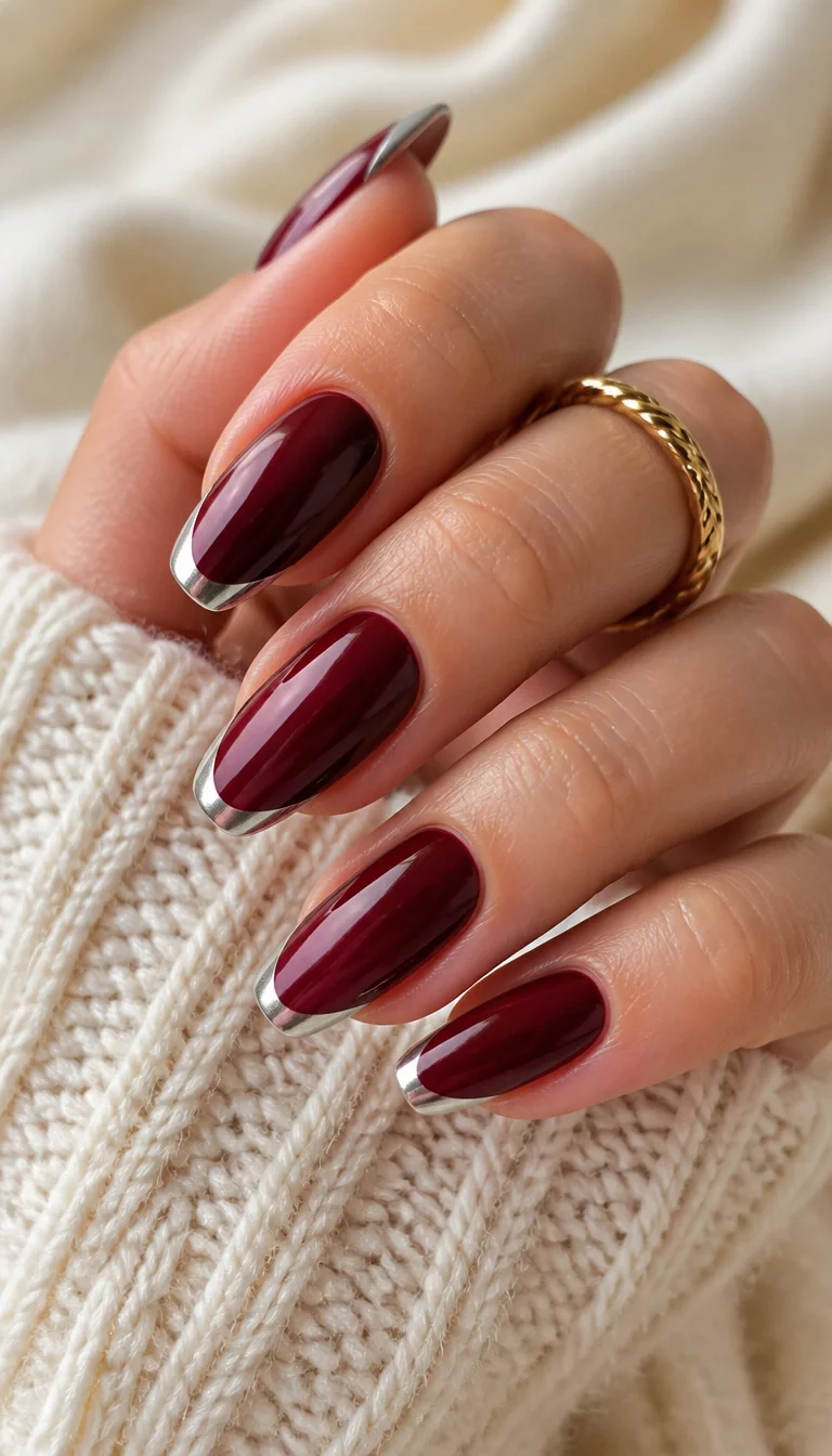 close-up shot of a woman’s hand with five fingers showing almond-shaped glossy nails in a deep maroon with silver French tip accents, against a cream-colored sweater and gold ring.