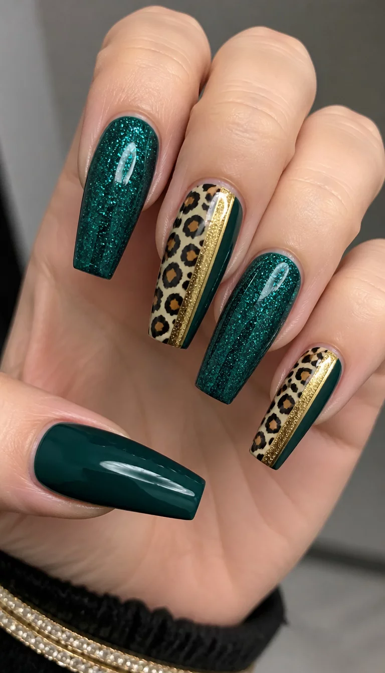 close-up shot of a woman’s hand with five fingers showing long coffin-shaped nails with dark teal and glittery teal polish, with accent nails featuring leopard print and gold glitter stripes.