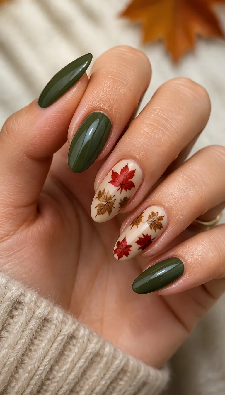 close-up shot of a woman’s hand with five fingers showing almond-shaped nails in a deep olive green, with two accent nails featuring a neutral base and painted autumn leaves in red and brown.