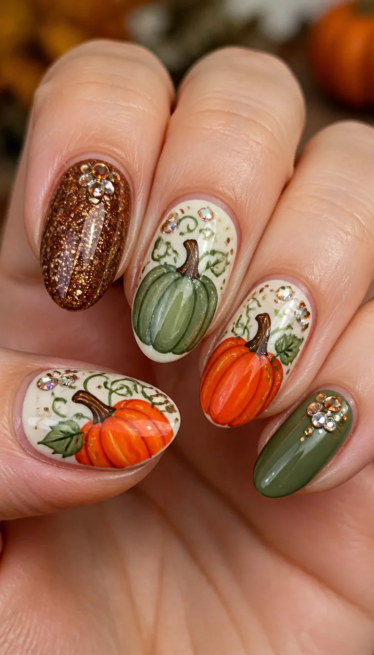 close-up shot of a woman’s hand with five fingers showing nails decorated with pumpkin designs in orange, green, and white, with brown glitter polish and tiny rhinestones.