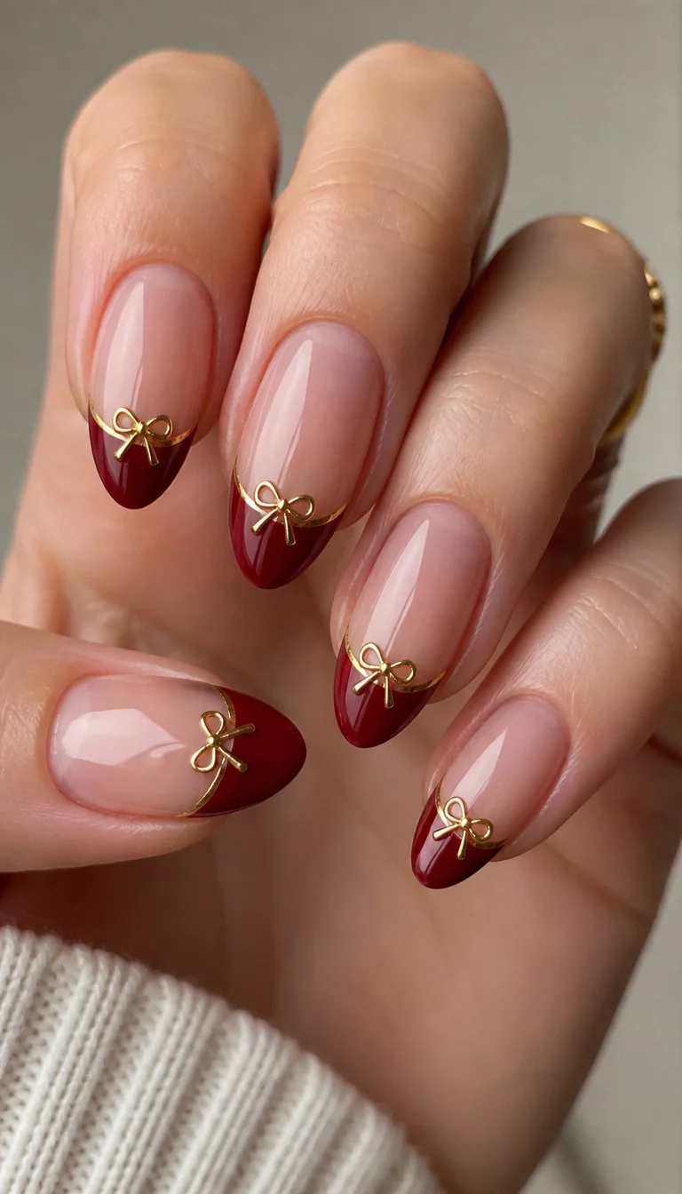 close-up shot of a woman’s hand with five fingers showing almond-shaped French tip nails with a deep red polish on the tips, adorned with small shiny gold bows and a thin gold line.