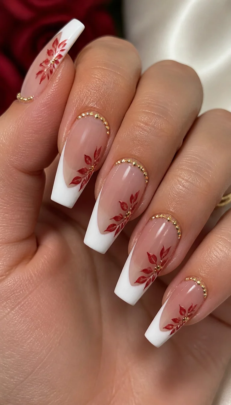 close-up shot of a woman’s hand with five fingers showing long coffin-shaped nails with a classic French tip, featuring red floral designs and gold bead accents along the cuticle line.