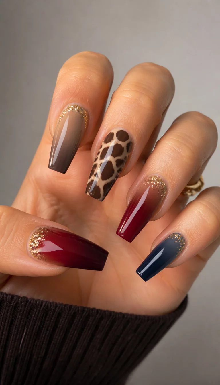 close-up shot of a woman’s hand with five fingers showing coffin-shaped nails with a gradient of deep red, taupe, and dark blue, including glitter accents and a giraffe print pattern on one nail, against a neutral backdrop.