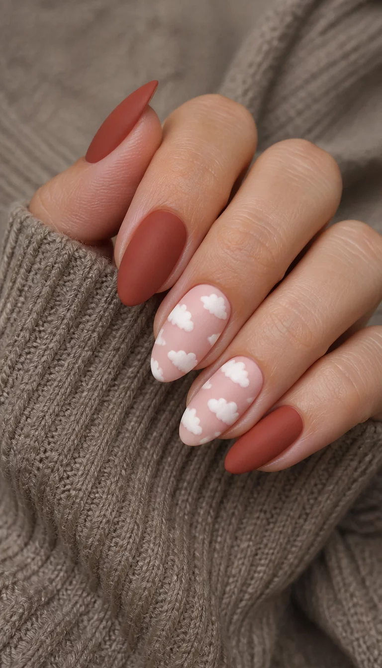 close-up shot of a woman’s hand with five fingers showing almond-shaped nails with a matte rust-colored polish and two accent nails featuring a pale pink base with delicate white cloud designs, against a textured taupe knit sweater.