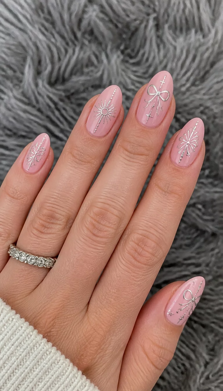 close-up shot of a woman’s hand with five fingers showing almond-shaped nails with a pale pink base adorned with intricate silver line art including bows, sunbursts, and floral patterns, against a grey shag rug.