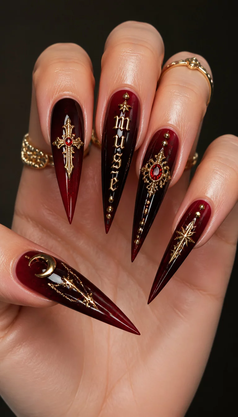 close-up shot of a woman’s hand with five fingers showing long sharp stiletto nails in a dark red-brown with ombre effects, adorned with gold charms and lettering.