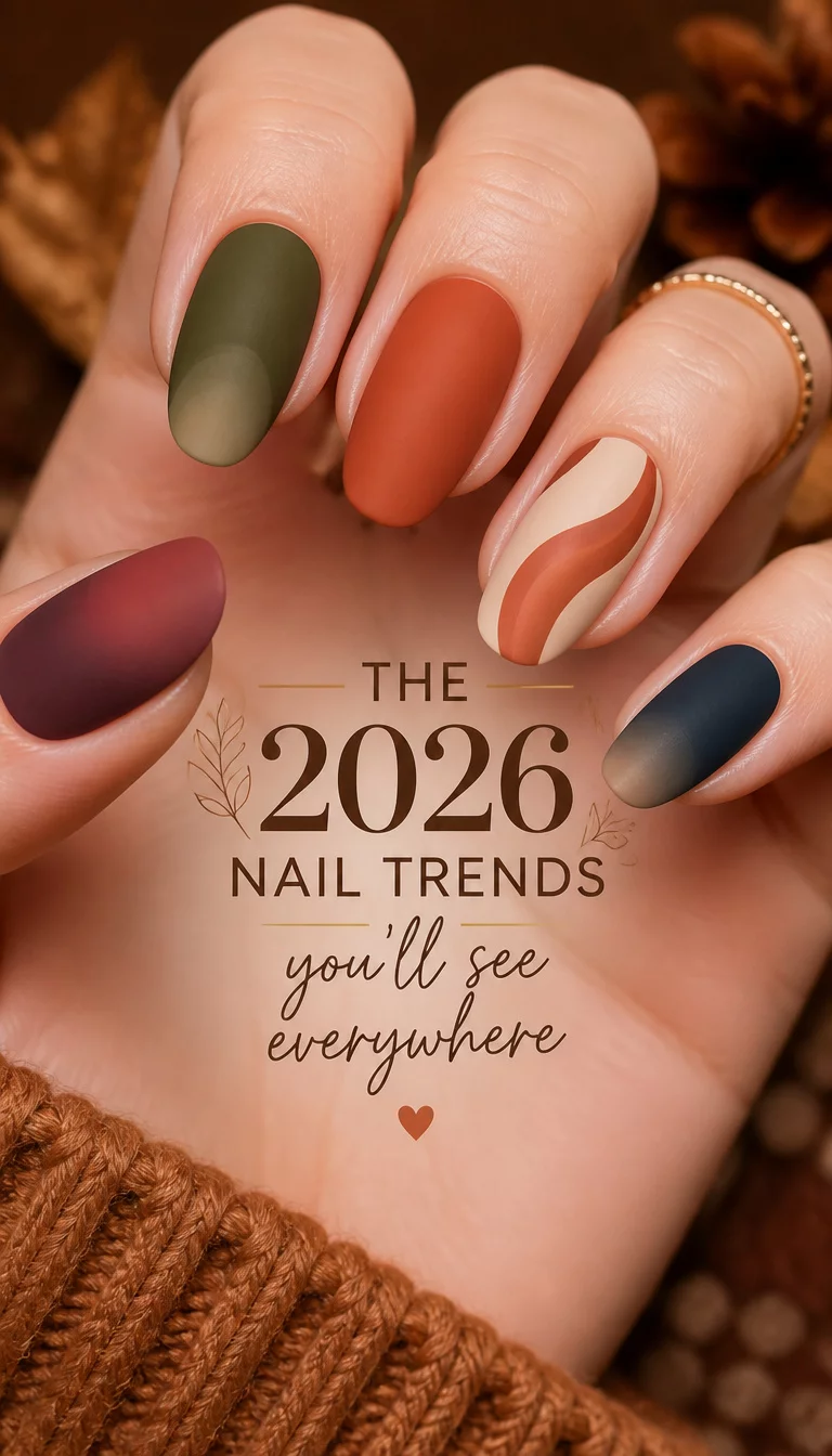 close-up shot of a woman’s hand with five fingers showing a variety of matte autumnal colors and subtle gradients in different shapes, with text that mentions 2026 trends in the center.