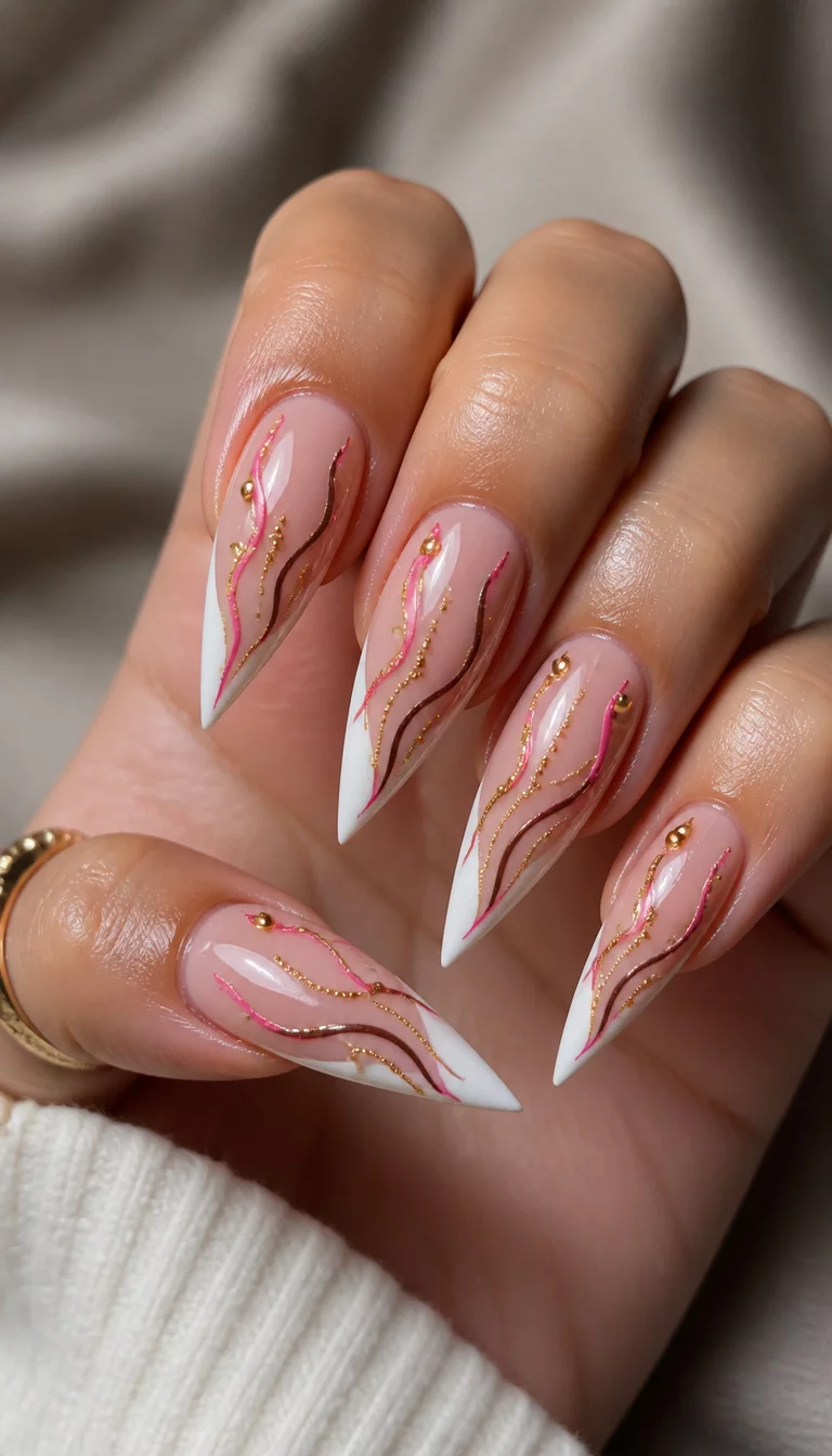 close-up shot of a woman’s hand with five fingers showing long stiletto-shaped nails with a sheer neutral base and white French tips, adorned with gold studs, beads, and wavy lines in pink and brown.