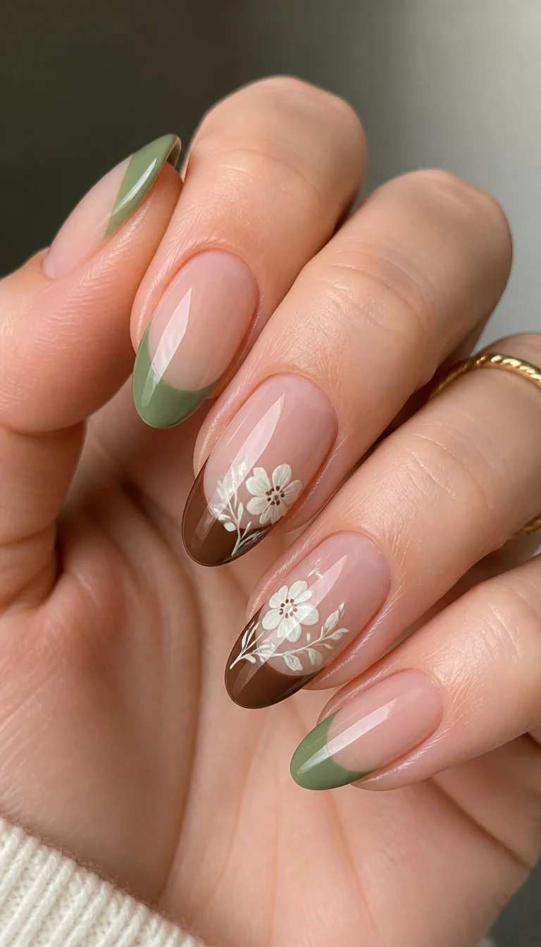 close-up shot of a woman’s hand with five fingers showing almond-shaped nails with a French tip design in sage green and brown, with white floral designs on two nails.