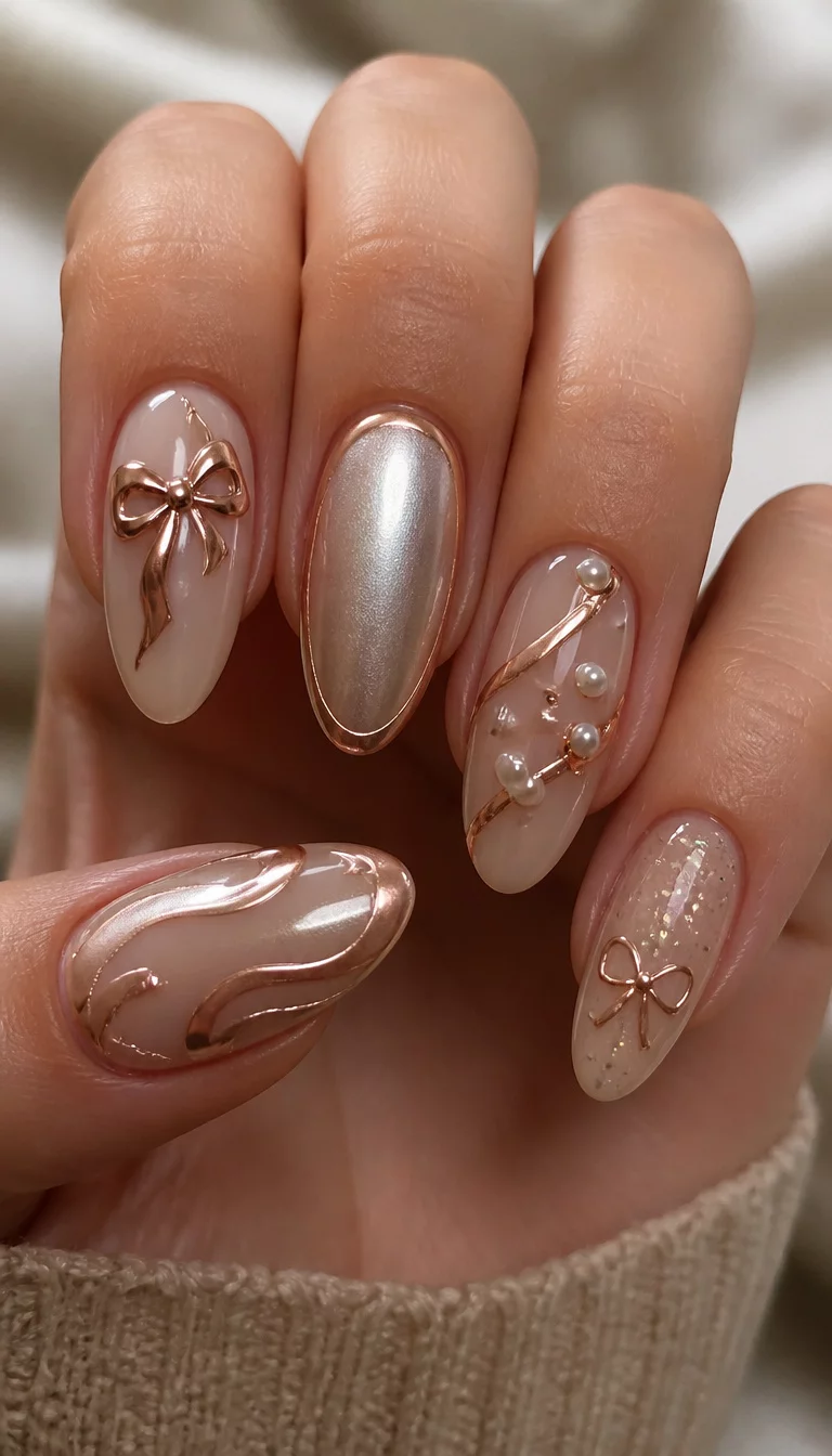 close-up shot of a woman’s hand with five fingers showing almond-shaped nails with a neutral sand base, featuring rose gold accents like ribbons, bows, swirls, and pearlized effects.