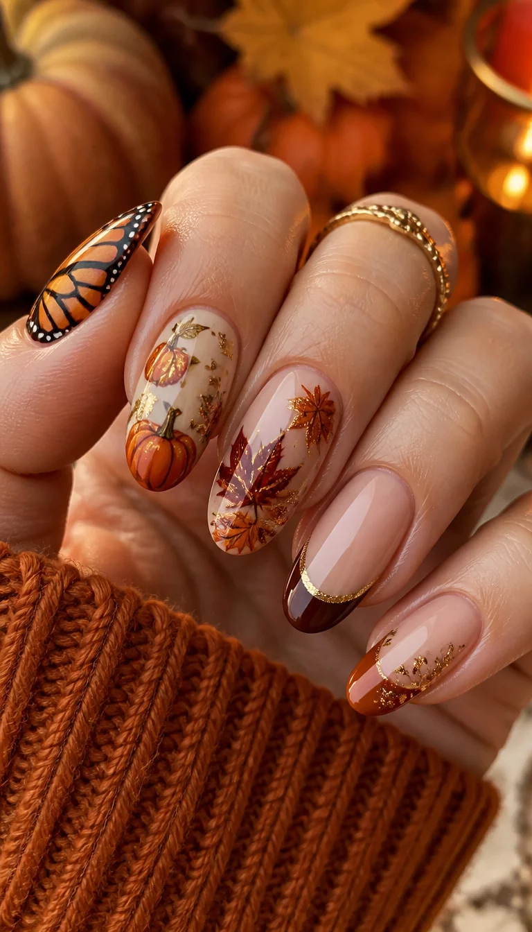 close-up shot of a woman’s hand with five fingers showing various fall nail designs including monarch butterfly wings, pumpkins, fall leaves, and French tips with gold accents, against a warm autumnal background.