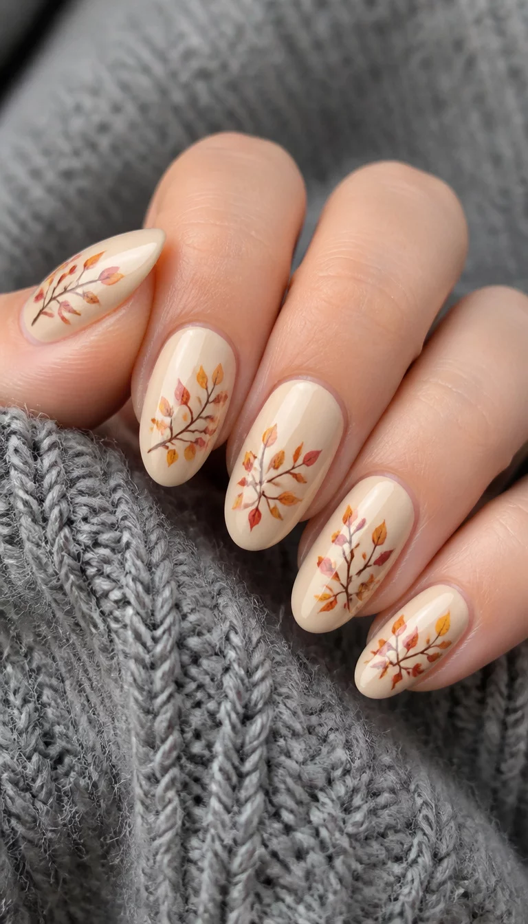 close-up shot of a woman’s hand with five fingers showing oval nails painted with a light beige polish, featuring delicate painted branches with red and yellow autumn leaves, against a soft grey knit fabric.