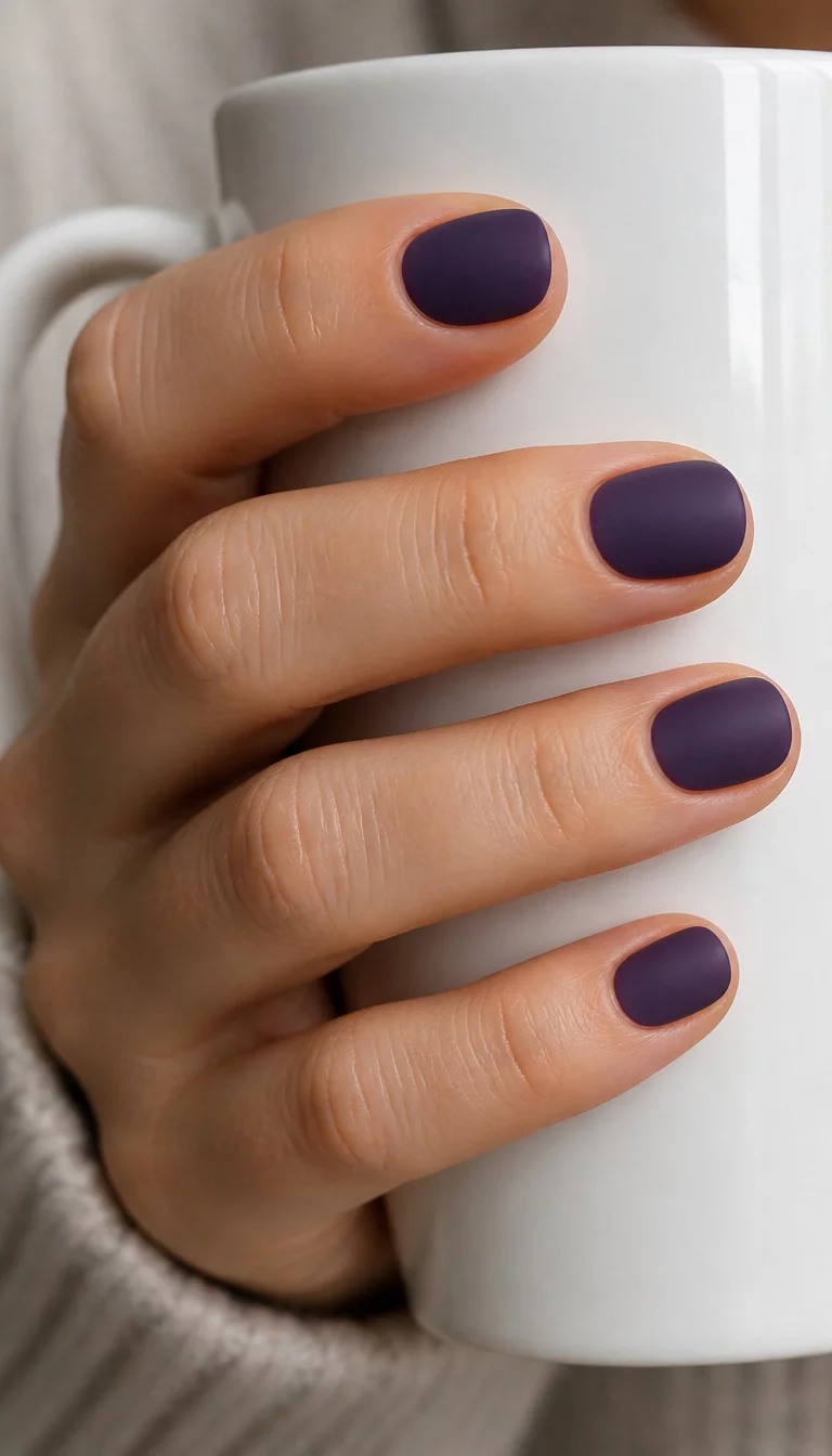 Coffee Cup Matte Purples close-up shot of a woman’s hand with five fingers showing short rounded nails in a matte deep purple, held around a white ceramic coffee mug.