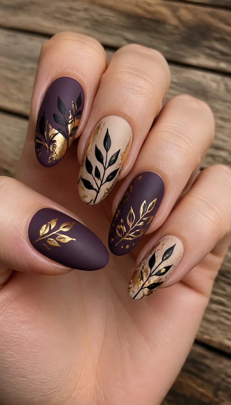 Matte Gold Leaf Art close-up shot of a woman’s hand with five fingers showing oval and almond-shaped nails in a matte purple, adorned with a beige base and black and gold leaf designs, against a rustic wooden background.