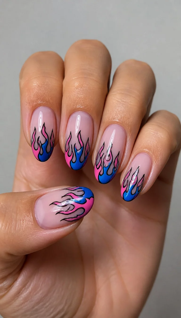 Fiery Artistic Ovals close-up shot of a woman’s hand with five fingers showing oval nails with a sheer pink base and a vibrant blue and pink flame design, outlined in crisp black lines, against a neutral background.