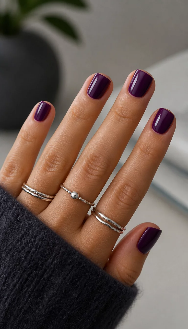 Glossy Deep Square Sets close-up shot of a woman’s hand with five fingers showing short square-shaped nails in a glossy deep purple, adorned with several silver rings, on a blurred minimalist background.