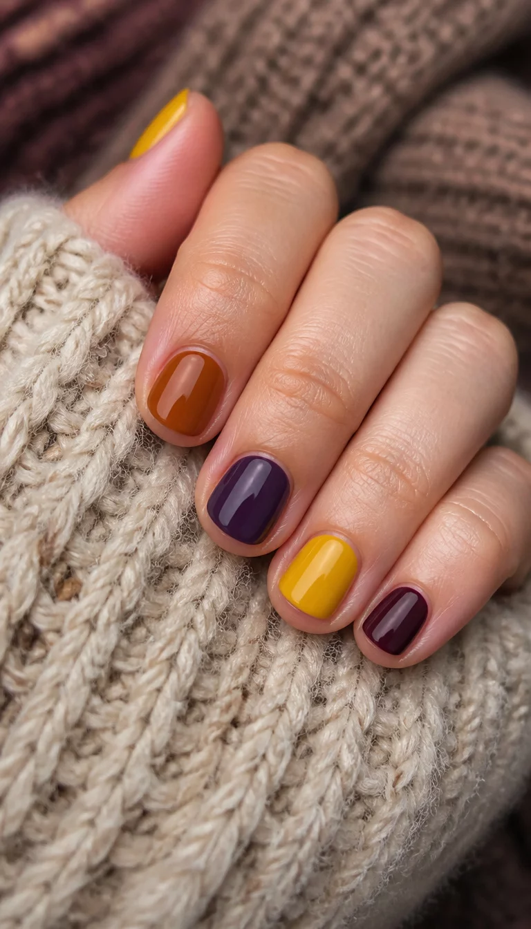 Cozy Rounded Transition Tones close-up shot of a woman’s hand with five fingers showing short rounded nails in a mix of yellow, brown, and deep purple shades, set against a chunky knit cozy sweater.