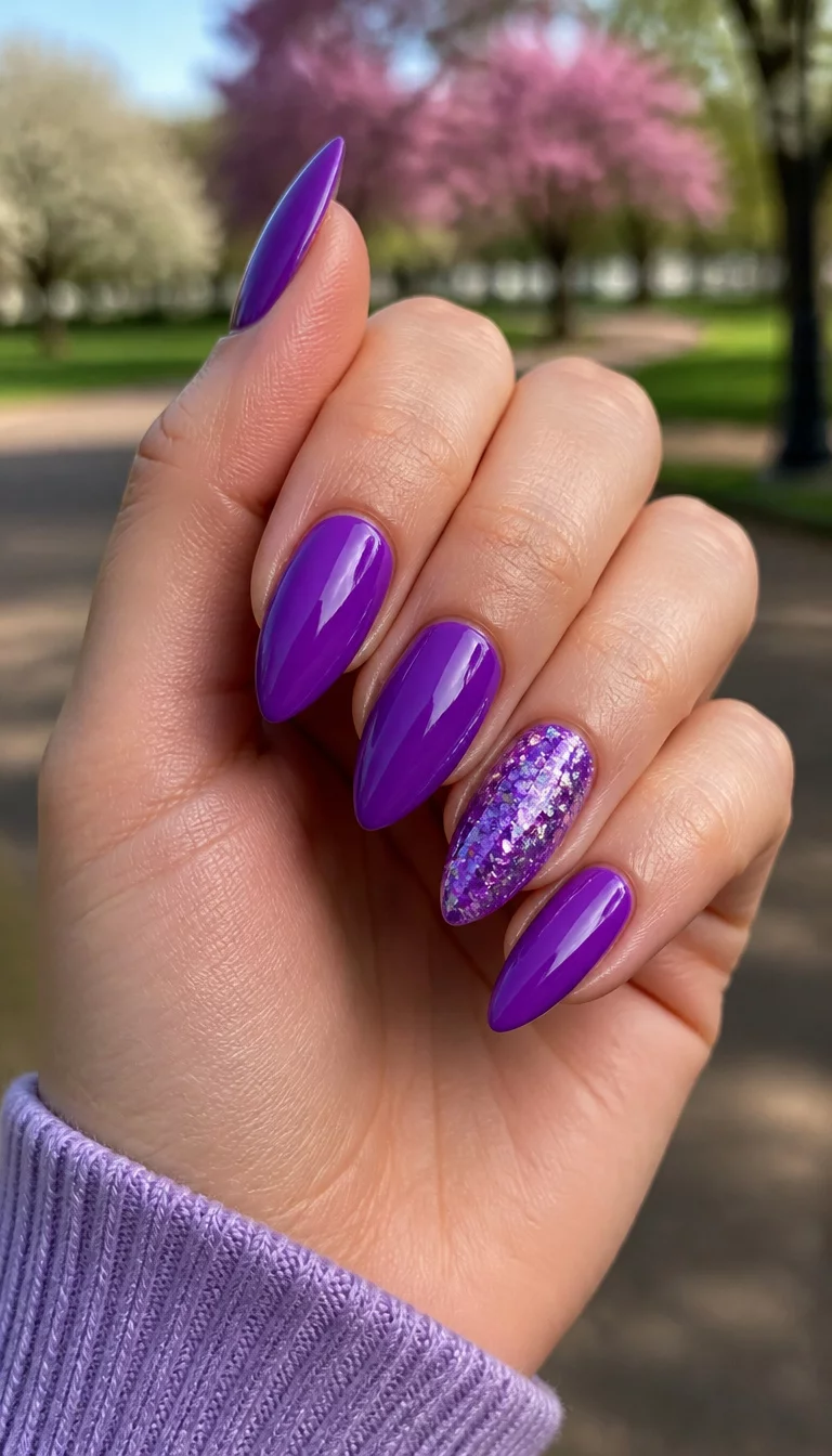 Vibrant Purple Sparkle Accent close-up shot of a woman’s hand with five fingers showing pointed almond nails in a vibrant purple, with one accent nail featuring heavy iridescent purple glitter, against a blurred park background.
