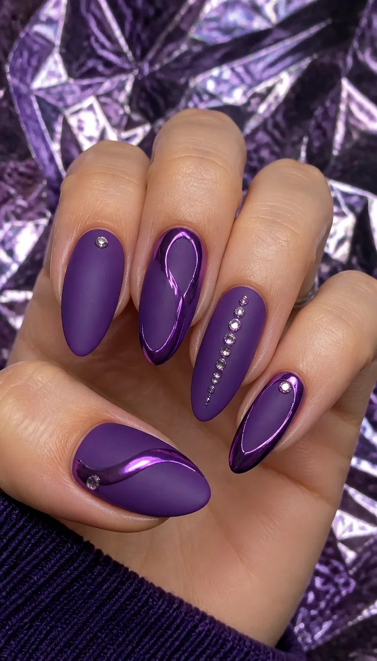 Matte Purple Metallic Accents close-up shot of a woman’s hand with five fingers showing almond-shaped nails in a matte purple with metallic purple accents and small rhinestones, set against a reflective foil background.