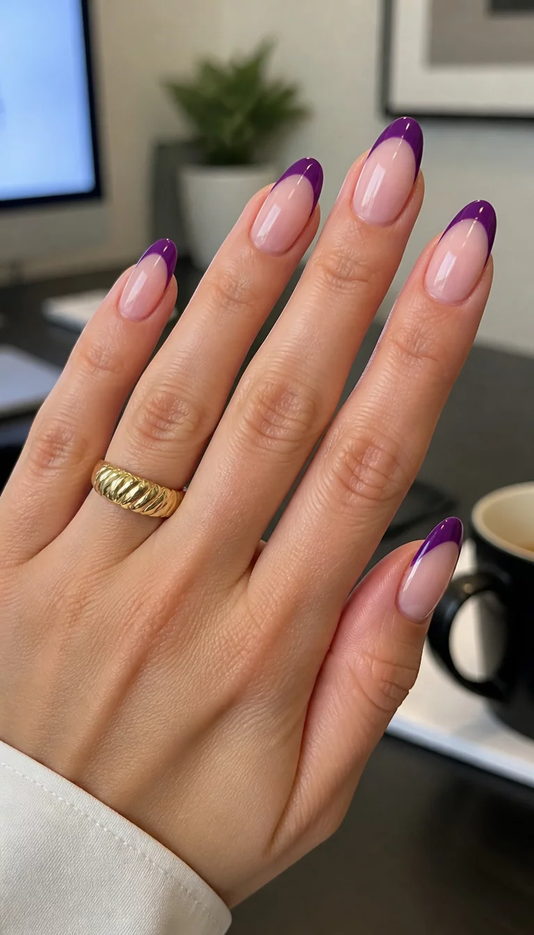 Bold French Almond Tips close-up shot of a woman’s hand with five fingers showing almond-shaped nails with a sheer beige base and a bold purple French tip design, accented with a gold ring, against a soft focus office setting.