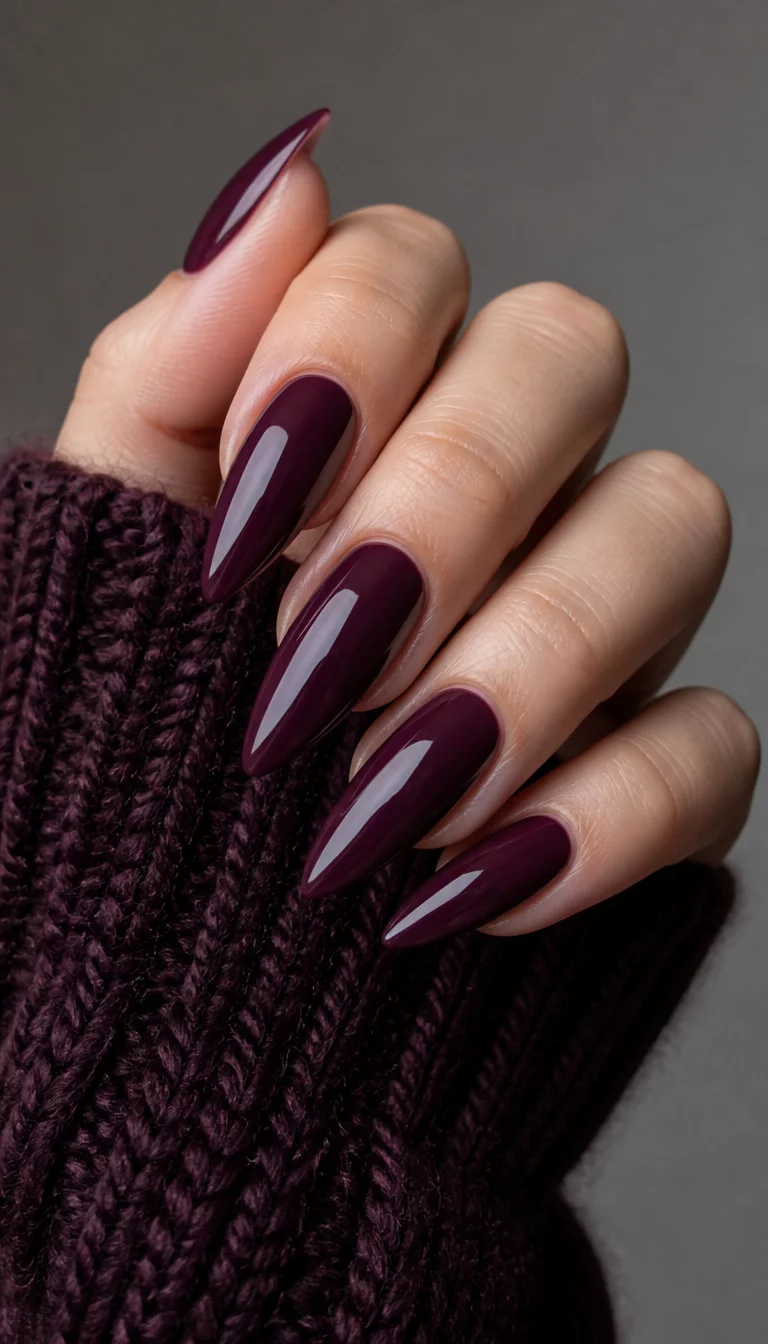 Glossy Plum Pointed Glamour close-up shot of a woman’s hand with five fingers showing long pointed nails in a glossy deep plum color, a contrasting dark knit sweater visible in the frame.