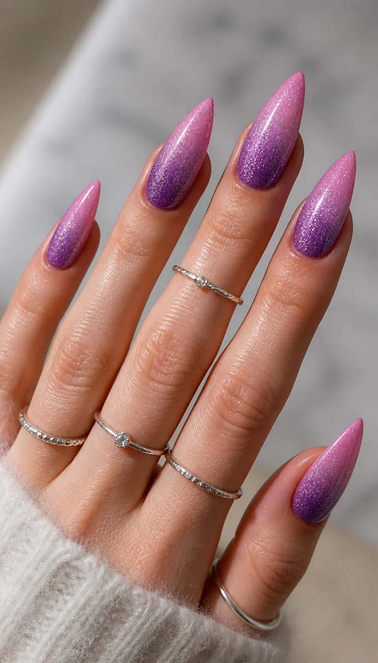Pink Purple Gradient Stilettos close-up shot of a woman’s hand with five fingers showing stiletto nails with a purple to pink gradient, featuring a fine glitter shimmer, adorned with several thin silver rings.