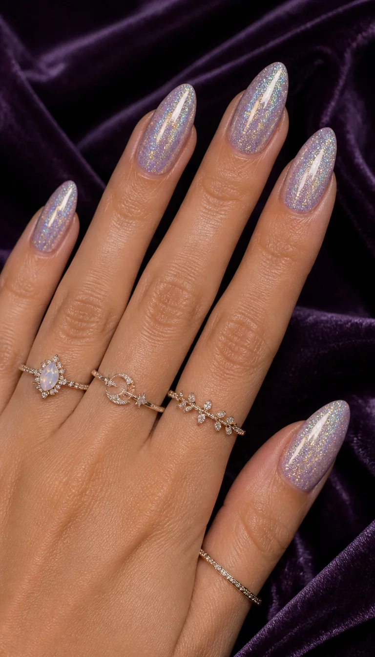 Iridescent Lavender Velvet close-up shot of a woman’s hand with five fingers showing long almond-shaped nails with a silvery iridescent lavender glitter finish, adorned with dainty rings, against a dark purple velvet background.
