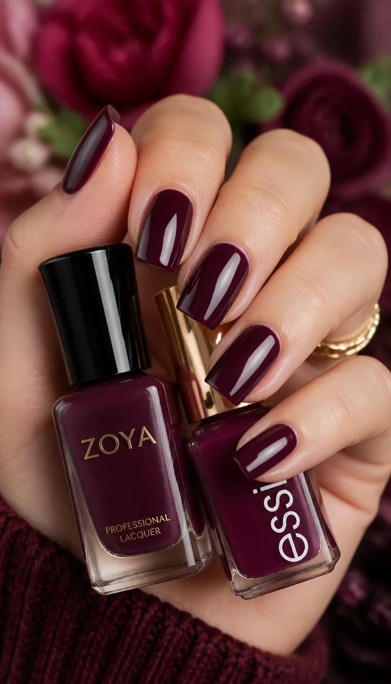 Burgundy Square Classics close-up shot of a woman’s hand with five fingers showing square-shaped nails in a deep burgundy purple color, held around nail polish bottles against a blurred floral backdrop.