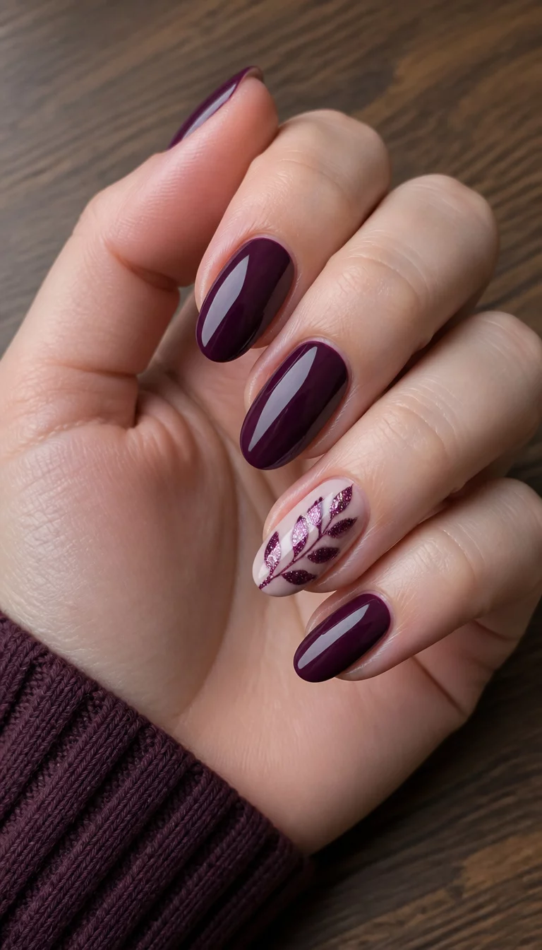 Beige Glitter Leaf Ovals close-up shot of a woman’s hand with five fingers showing oval nails in a deep plum, with one accent nail featuring a pale beige base and a glittery purple leaf design, against a wooden surface.