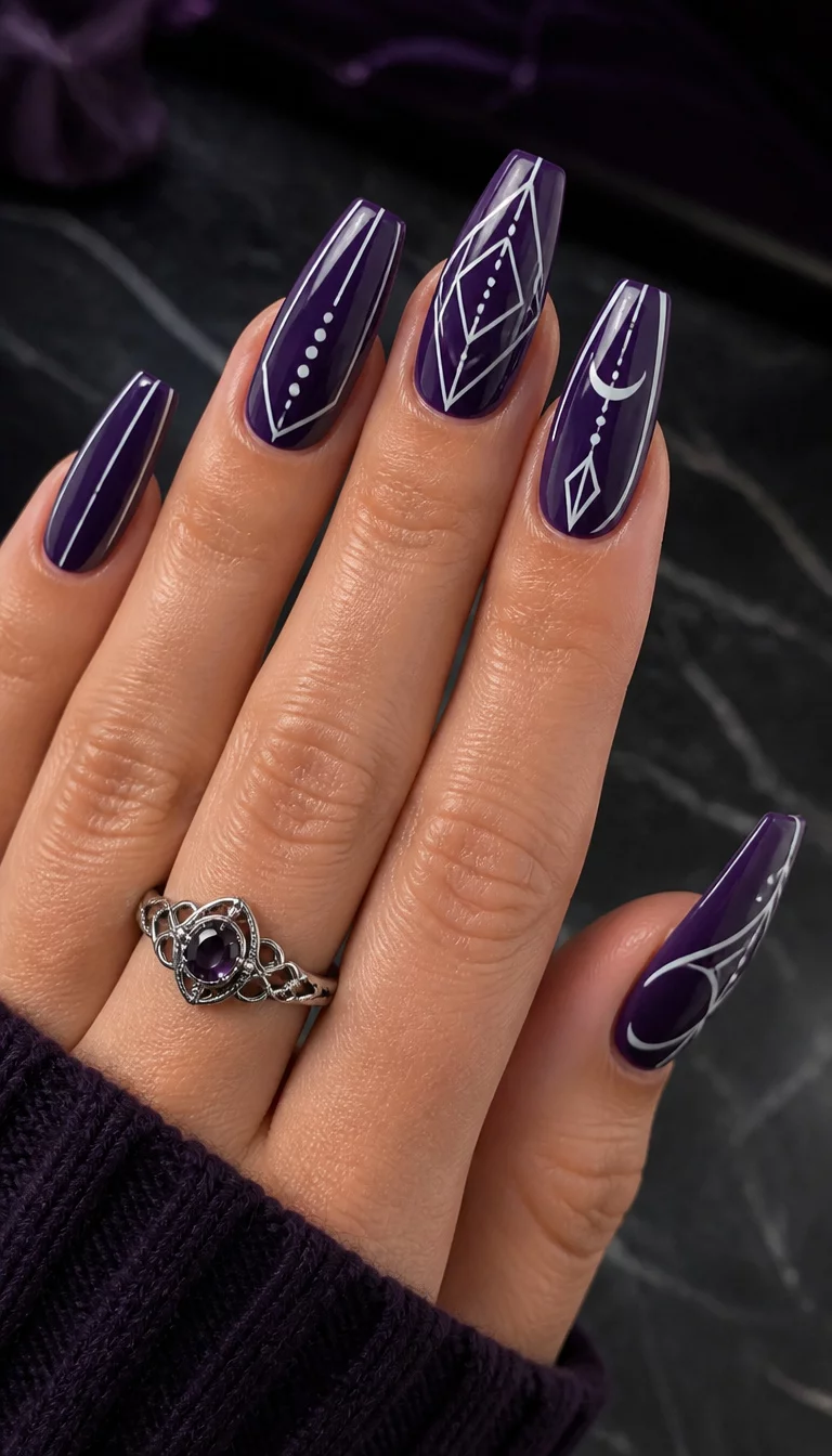 Intricate White Line Coffin close-up shot of a woman’s hand with five fingers showing coffin-shaped nails in a deep purple with intricate white line designs and abstract geometric patterns, with a silver ring.