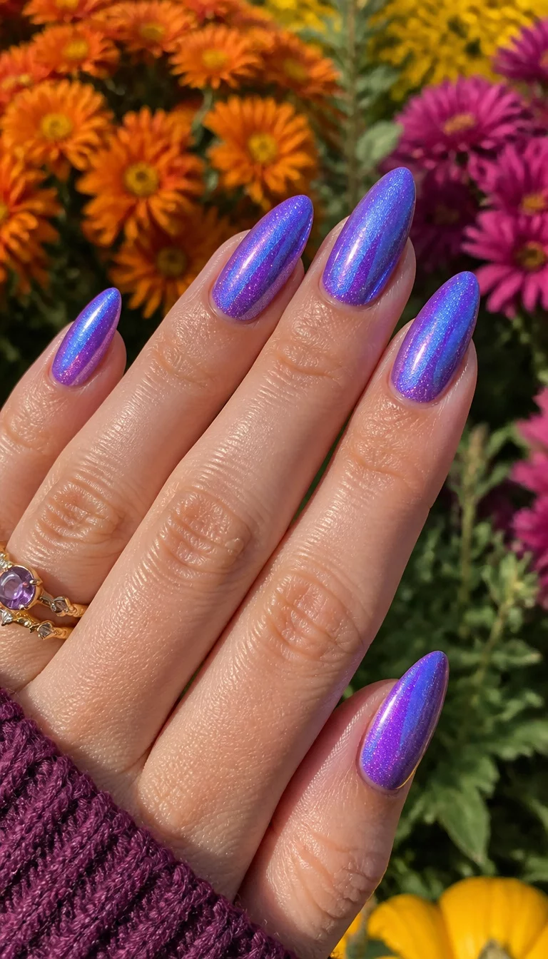 Iridescent Blue Purple Bloom close-up shot of a woman’s hand with five fingers showing pointed almond nails in a shimmering iridescent purple-blue color, set outdoors against blooming fall flowers.