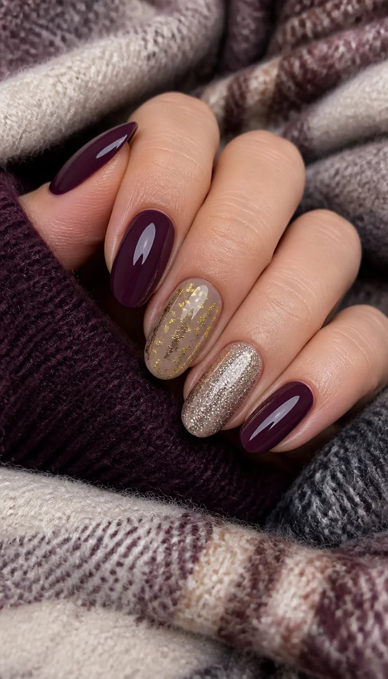 Plum and Tan Leaf Accents close-up shot of a woman’s hand with five fingers showing oval nails in a deep plum, one with a tan base and gold leaf accents, another with silver glitter, set against a wool blanket.