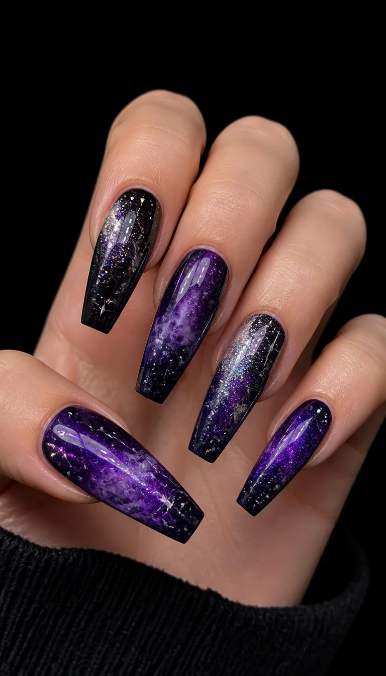Galaxy Coffin Universe close-up shot of a woman’s hand with five fingers showing long coffin-shaped nails with a dark galaxy-inspired design featuring purple, black, and silver glitter accents, against a black background.