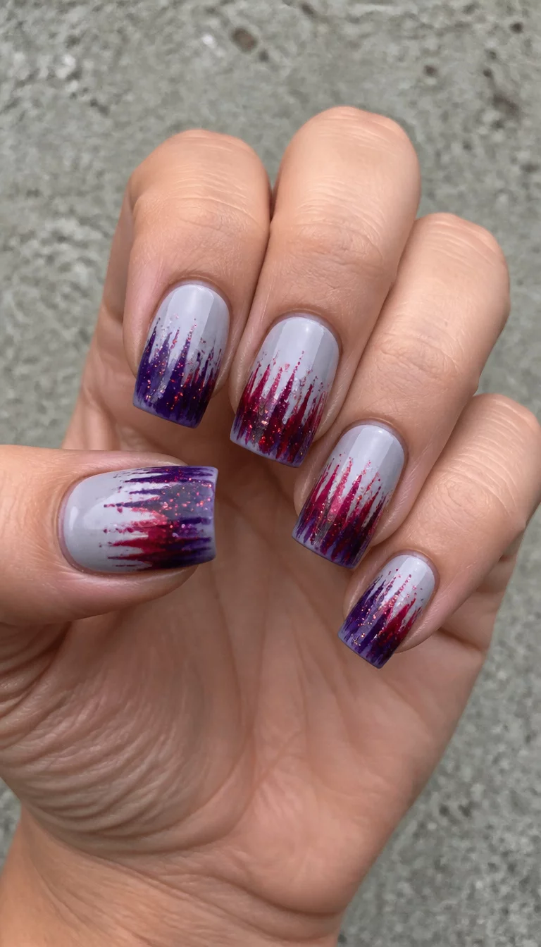 Dripping Purple Gray Squares close-up shot of a woman’s hand with five fingers showing square nails with a light gray base and a deep purple and red dripping or frayed paint design with glitter, against a concrete background.