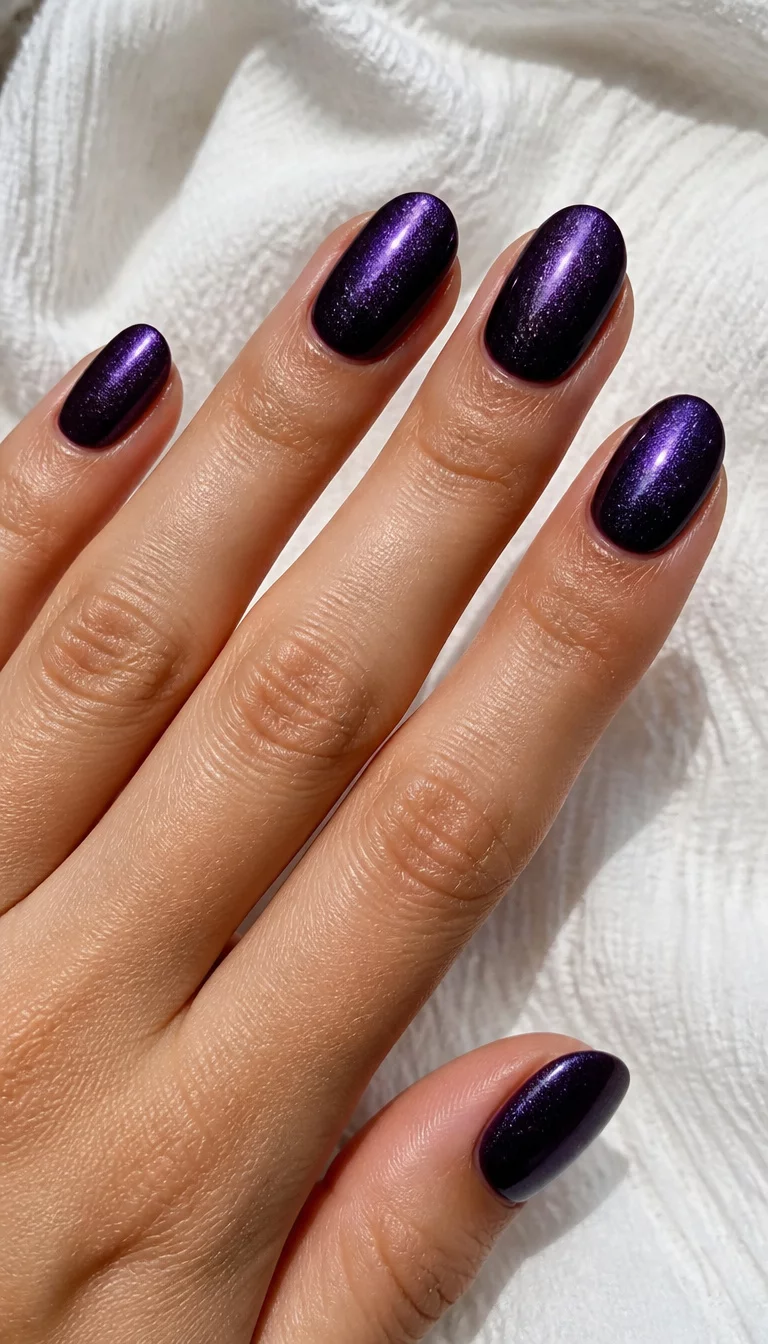 Metallic Purple Texture close-up shot of a woman’s hand with five fingers showing oval nails in a dark shimmering metallic purple, against a white textured fabric background.