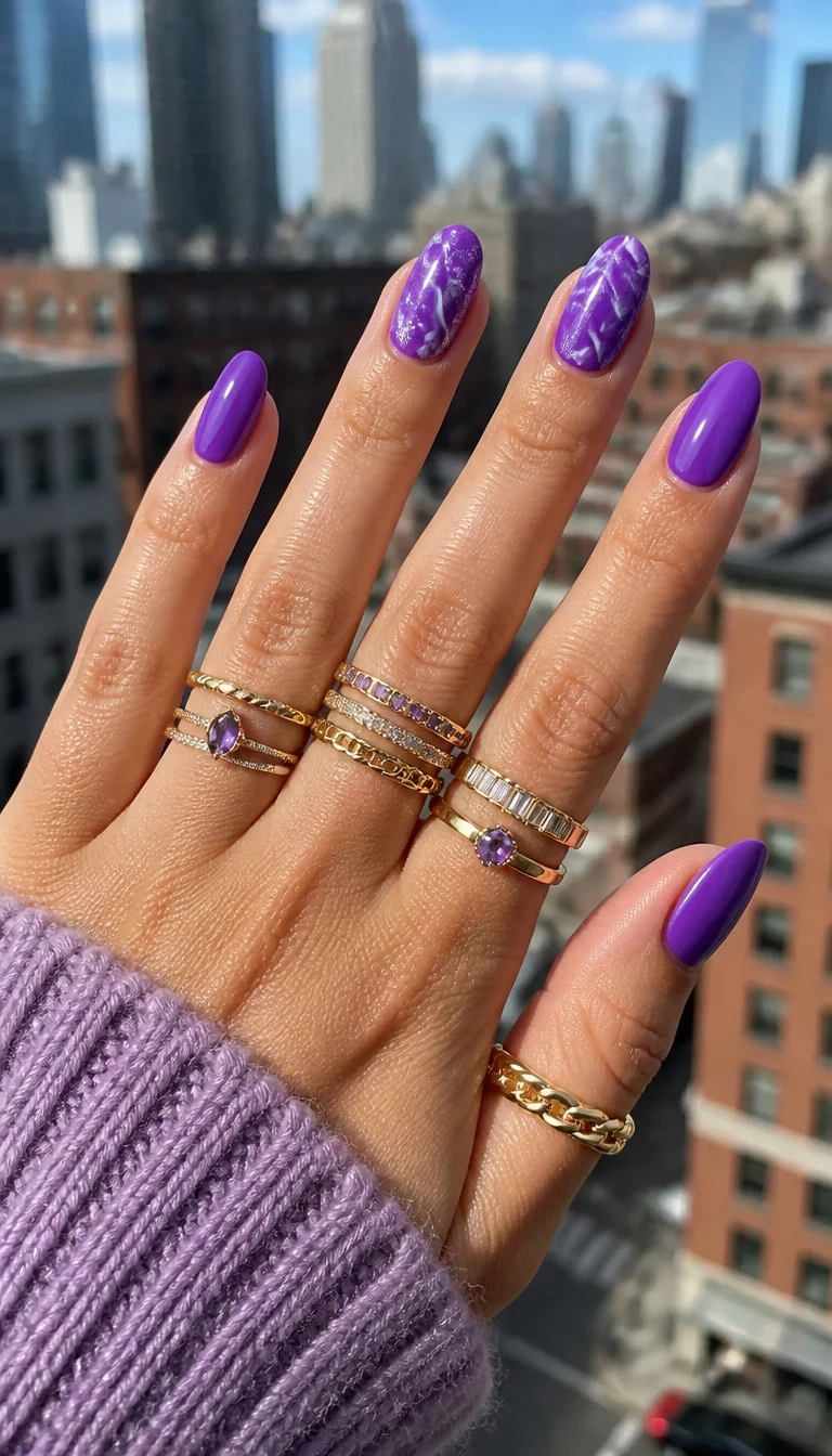 Abstract Purple Swirls close-up shot of a woman’s hand with five fingers showing almond-shaped nails in a bright purple, some with abstract white swirls and glitter, wearing multiple stacked rings, against a city backdrop.