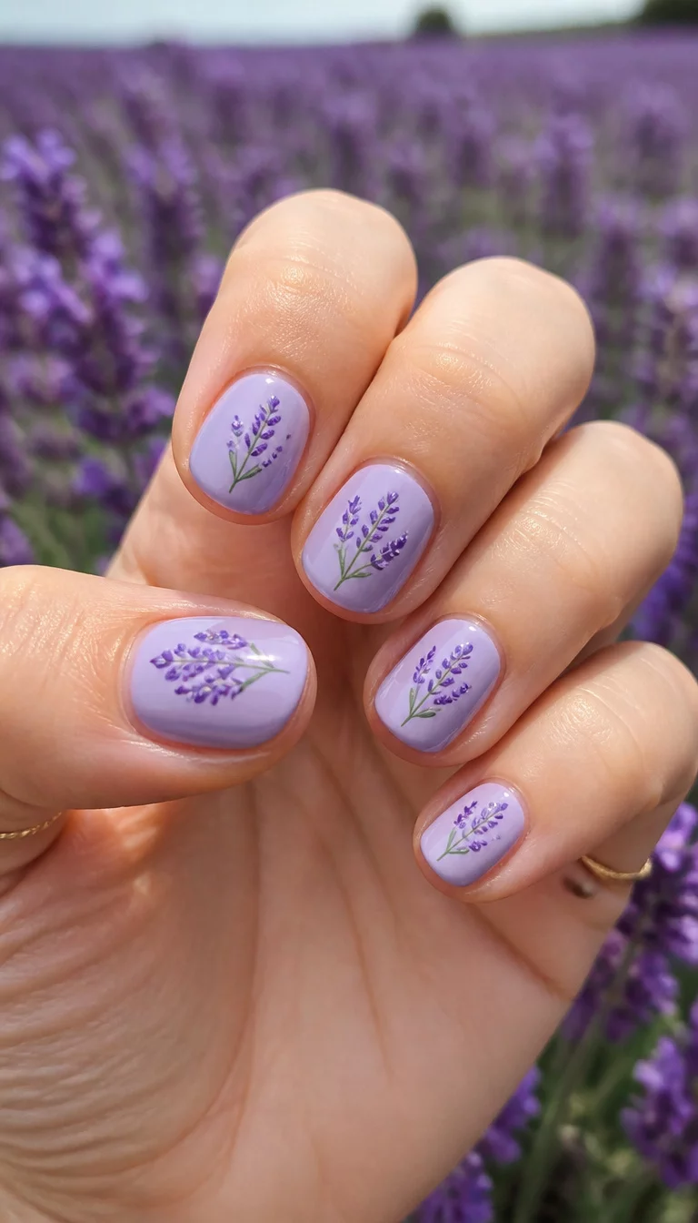 Hand Painted Lavender Sprigs close-up shot of a woman’s hand with five fingers showing nails with short, rounded nails in soft lavender with detailed illustrations of lavender sprigs, background of a lavender field.