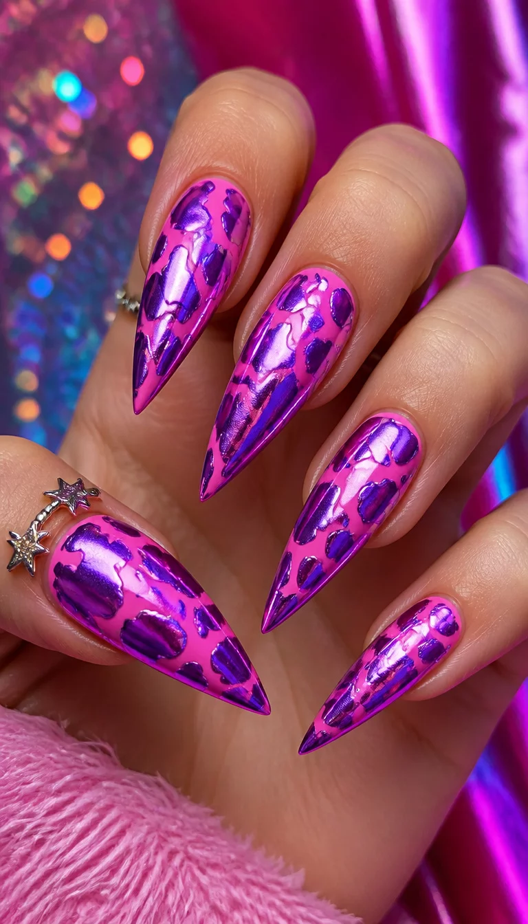 Iridescent Metallic Stiletto Edge close-up shot of a woman’s hand with five fingers showing nails with stiletto nails exhibiting a bold pink and metallic purple design with an iridescent cow-print-like pattern, colorful background.