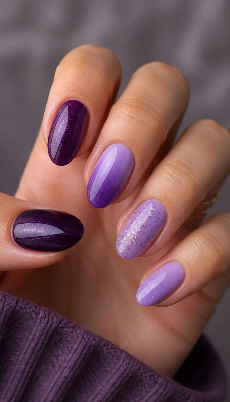 Glossy Purple Variety Mix close-up shot of a woman’s hand with five fingers showing nails with oval-shaped nails displaying deep gloss, light glitter, and ombré effects in various purple shades, gold ring on one finger.