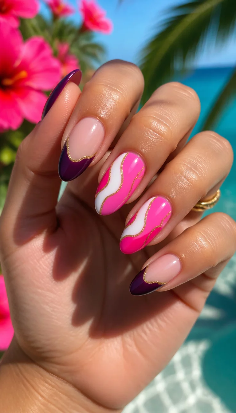 Pink And Purple Wavy Accents close-up shot of a woman’s hand with five fingers showing nails with almond-shaped nails showcasing vibrant pink and white designs with gold wavy lines and deep purple French tips, bright summer background.