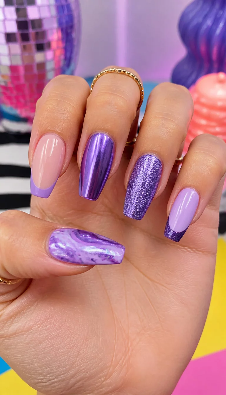 The Ultimate Press On Collection close-up shot of a woman’s hand with five fingers showing nails with various purple press-on styles including metallic, glittery, and French tips, diverse colorful background.