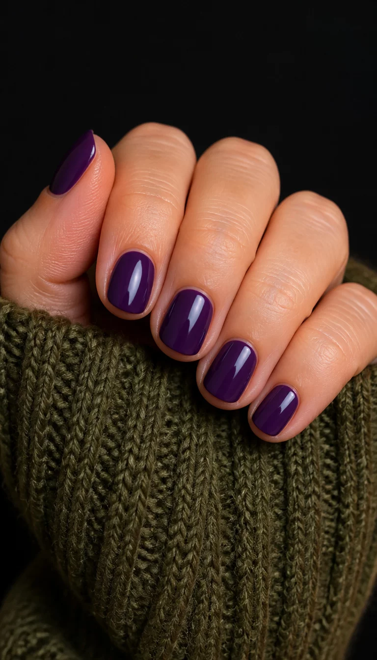 Vibrant Deep Purple Gloss close-up shot of a woman’s hand with five fingers showing nails with short, rounded nails coated in a vibrant, glossy deep purple, fingers partially covered by a textured olive green sweater against a dark background.